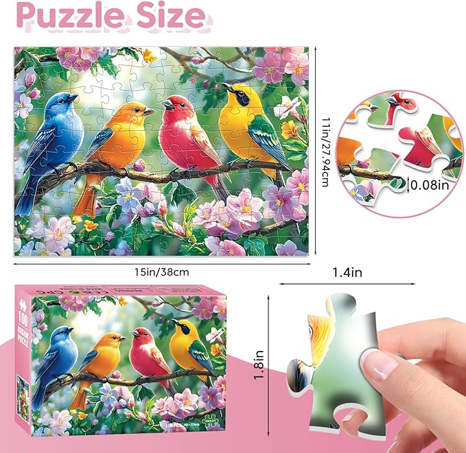 100 Piece Puzzles for Adults - Birds and Flowers Large Piece Puzzles for Senior Adults Kids Puzzle Ages 5-8 Jigsaw Puzzles, Random Die Cut, No 2 Pieces Alike, Birds on Branches 15" x 11"