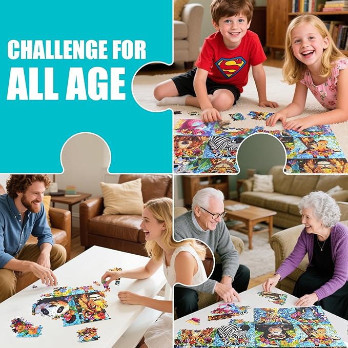 1000 Piece Puzzles for Adults - Colorful Mosaic Wildlife Jigsaw Puzzle, Jungle Animals with Flowers Design Perfect for Family Game Nights
