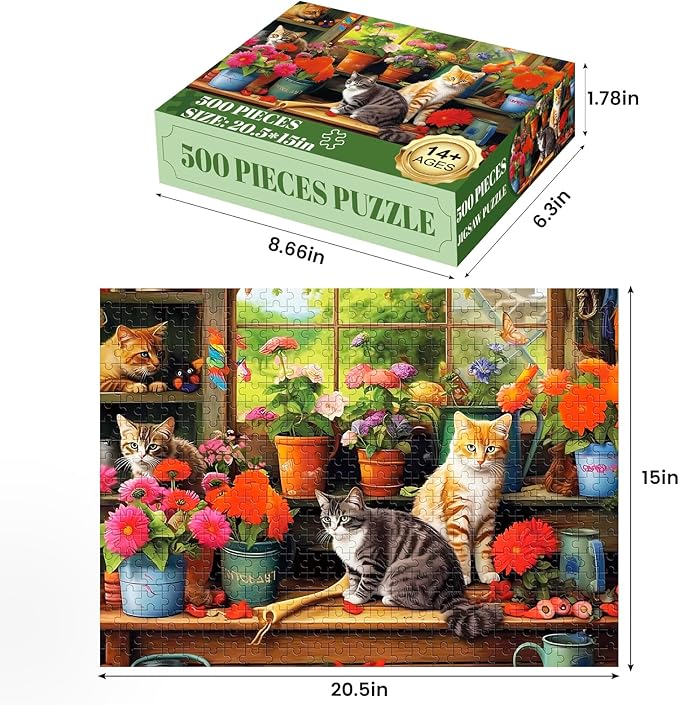 500 Piece Puzzle for Adults-Cats and Flowers | Recycled Cardboar Jigsaw Puzzles 500 Pieces | Challenging Family Activity Great Gift Idea for Family Friends | Difficult Puzzles Size 20.5 x 15 inches