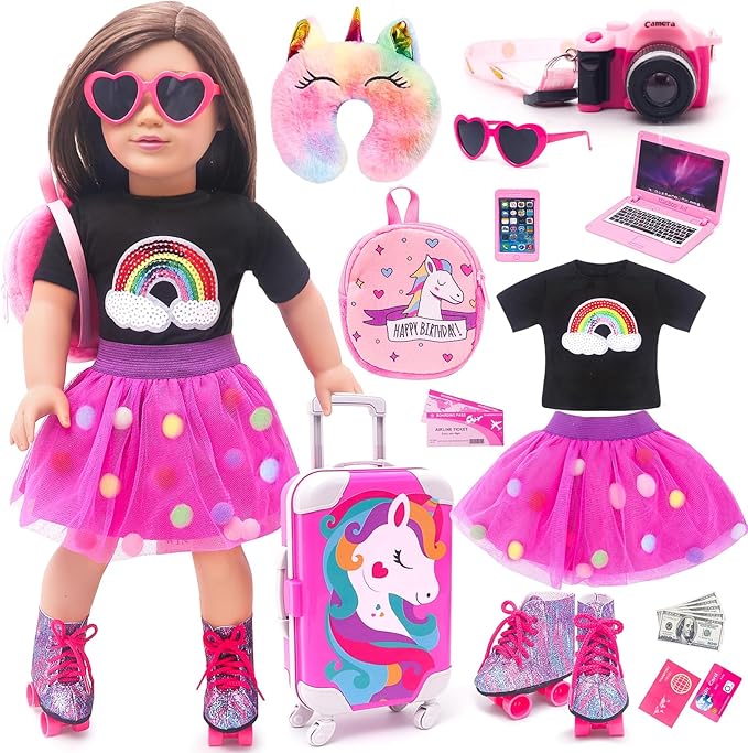 HAPGFS American 18 Inch Doll Accessories Travel Set Including Suitcase Luggage and Dress, Camera Computer Phone Neck Pillow Sunglasses Dolls Travel Gear Play Set Gift for Birthday (NO Doll)