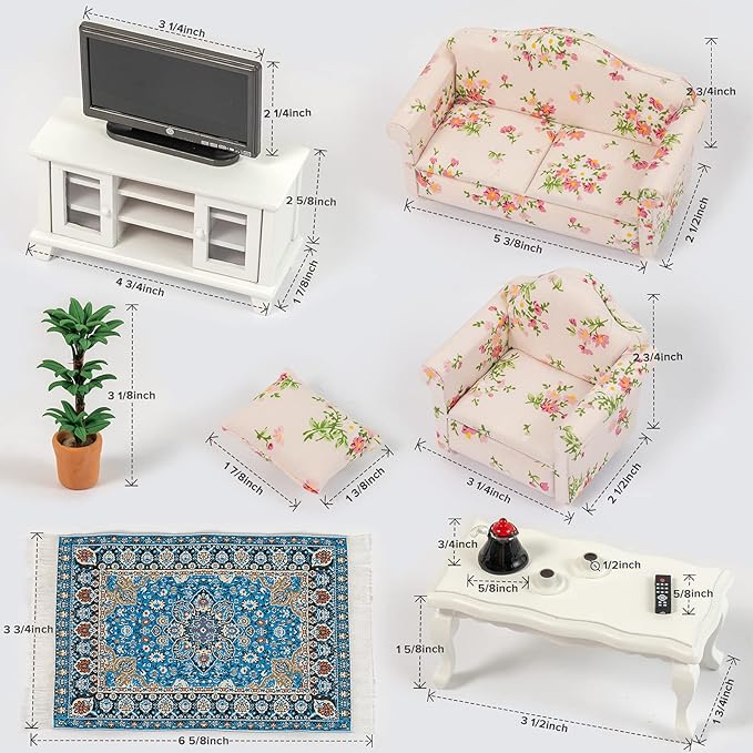 SAMCAMI Miniature Dollhouse Furniture 1 12 Scale - Wooden Dollhouse Furniture Set for Dollhouse Living Room - Doll House Furniture Incl Sofa, TV Cabinet, Coffee Table and Other Accessories (Red)