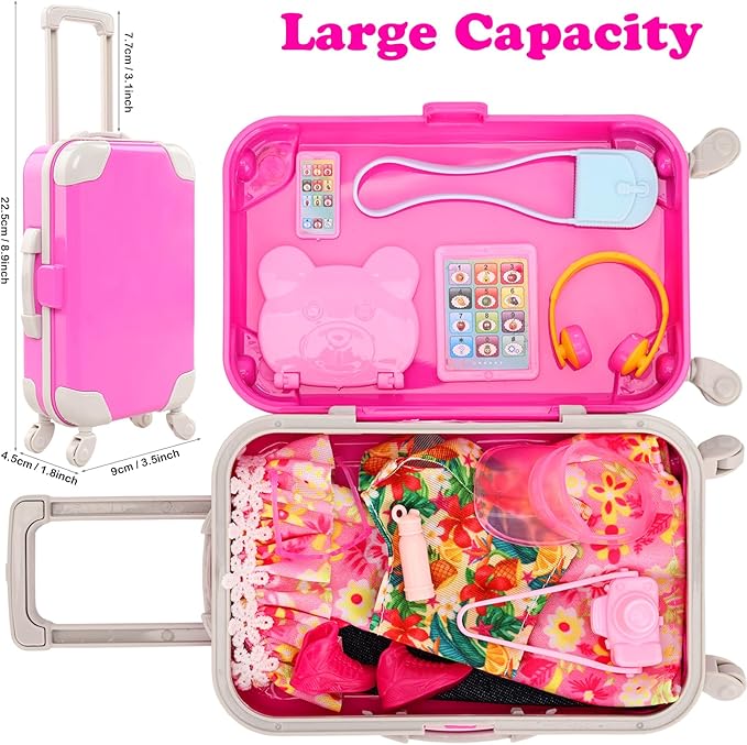 40 PCS Doll Travel Accessories Playset Includes Travel Luggage Suitcase 5 Clothes 1 Backpack 3 Pairs of Shoes & 32 Accessories Headset Puppy Toiletories,etc Travel Toy Set for 11.5 Inch Girl Dolls