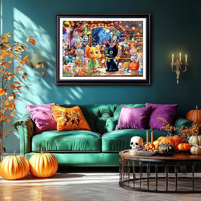 Halloween Puzzle for Adults 1000 Pieces, Cat and Witch Magic Shop Jigsaw Puzzle with Letters on Back with Pumpkin Candy Spooky Decor for Halloween Party, Family Night (27.5" x 19.7")