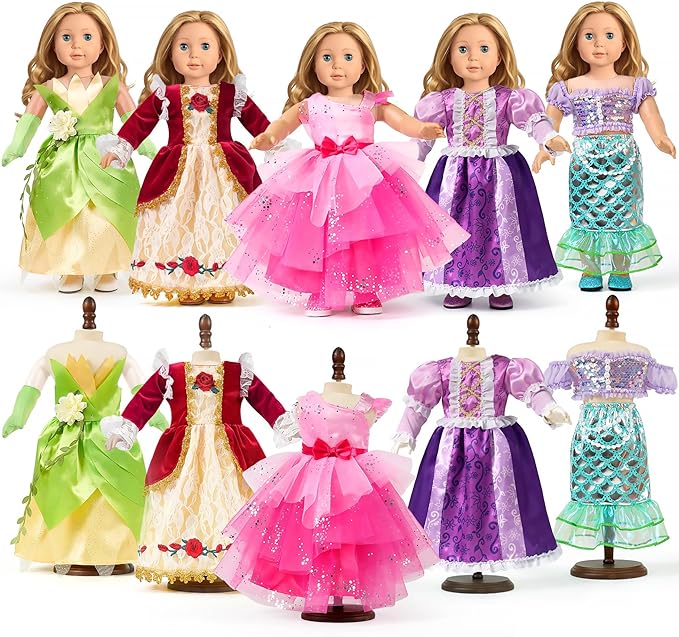 WONDOLL 18 Inch Doll Clothes and Accessories 5-Piece Princess Dress Up Set - Complete Outfits for 18 Inch Dolls - Perfect for Dress Up Play & Birthday Gifts (No Doll)