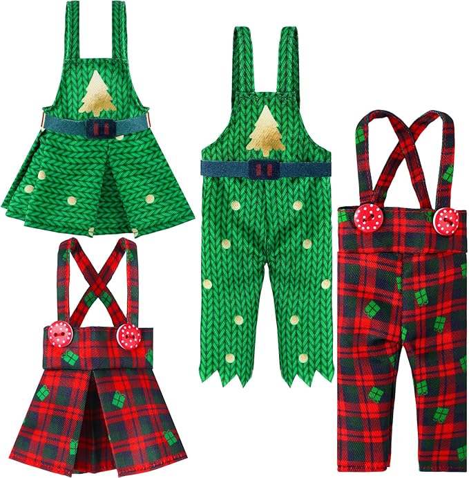 Hungdao 4 Pcs Christmas Doll Clothes Christmas Accessories Doll Clothing Red Green Plaid Dress Xmas Tree Holiday Outfits for Boys Girls Xmas Party Supplies