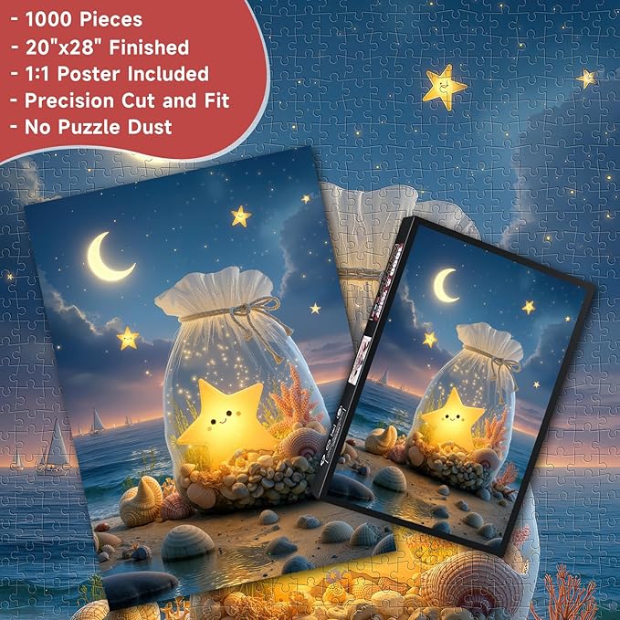 Glowing Starfish Beach 1000 Piece Puzzle for Adults - Cute Star in Bag & Night Ocean Art, Poster & Lettered Back, 20"x28" HD, Gift for Kids & Fantasy Lovers