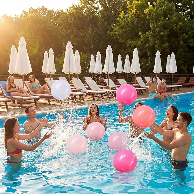 Realspring 24 Pcs Inflatable Beach Balls for Kids Bulk Pastel Solid Color Jumbo Beach Ball Swim Pool Floating Toys Baby Shower Birthday Summer Party Decor(Pink and White,18 Inch)