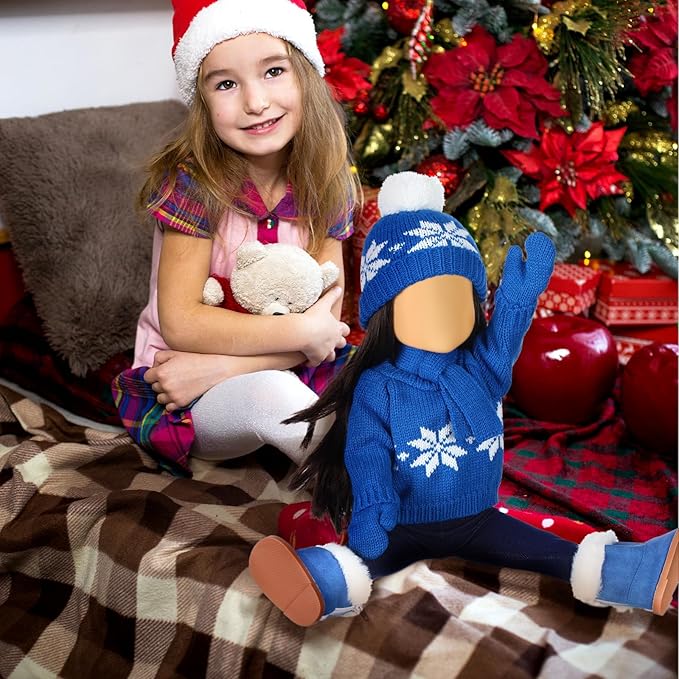 Bencailor 6 Pcs 18 Inch Christmas Doll Clothes and Accessories Winter Outfits Set Sweaters Trousers Hats Shoes Gloves for 18 Inch Doll Gifts(Blue)