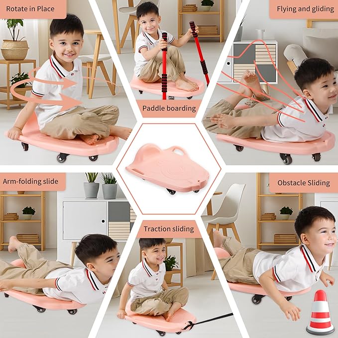 Large Scooter Board for Kids, Plastic Floor Scooter Board with Handles and Buckle, Gym Scooters for Indoor Outdoor Sports,Sensory Training
