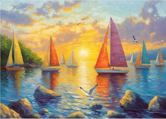 Puzzles for Adults 1000 Pieces, Ocean Sunset Sailing Jigsaw Puzzles 1000 Pieces - Sails Aglow, Summer Decor Impossible Puzzle, Finished Size 27.56 * 19.69", with 1:1 Poster, Letter on The Back
