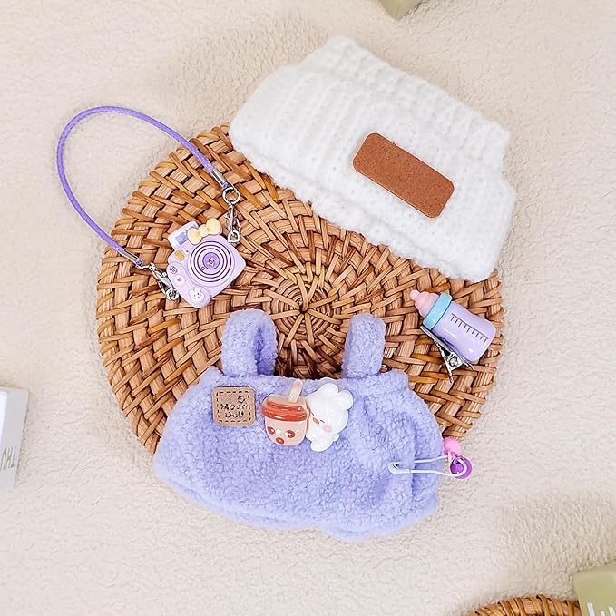 Doll Clothes for 17cm Dolls, Soft Knit Hat, Cozy Overalls, Camera, Bottle & Cute Accessories (No Doll) (Purple)