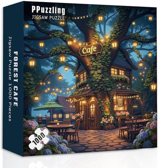 Treehouse Cafe Puzzles for Adults 1000 Pieces, Fantasy Forest Night Jigsaw Puzzles, Magical Tree Coffee Shop Scene