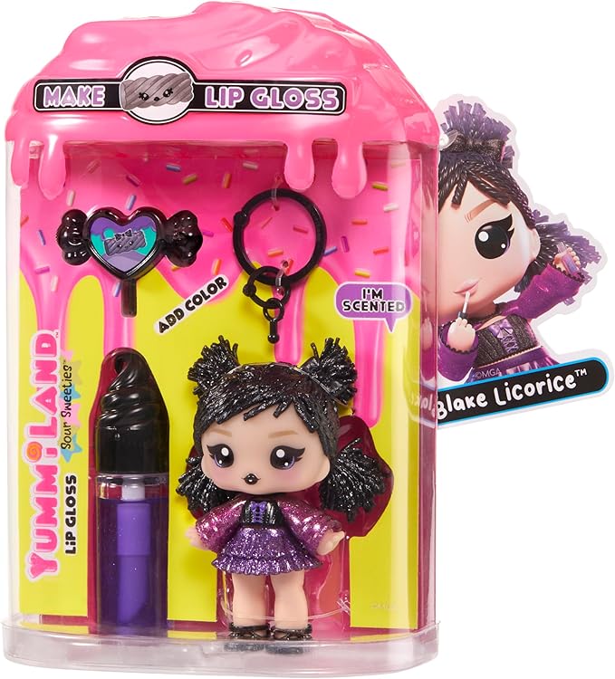 Yummiland Lip Gloss Doll: Sour Sweeties - Blake Licorice Includes DIY Lip Gloss + Removable Keychain, Cosmetic Play, Collectible, Ages 4+
