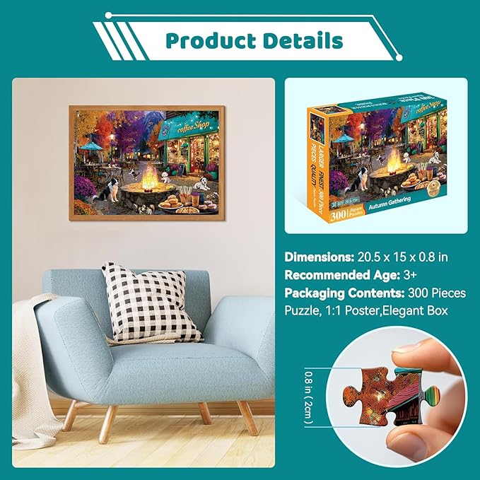 300 Piece Puzzles for Adults Large Piece, Coffee Shop Dog Cat Campfire Jigsaw Puzzle, Funny Gift for Adult Kids, Challenging Puzzle Perfect for Game Nights, 20.5 X 15 in
