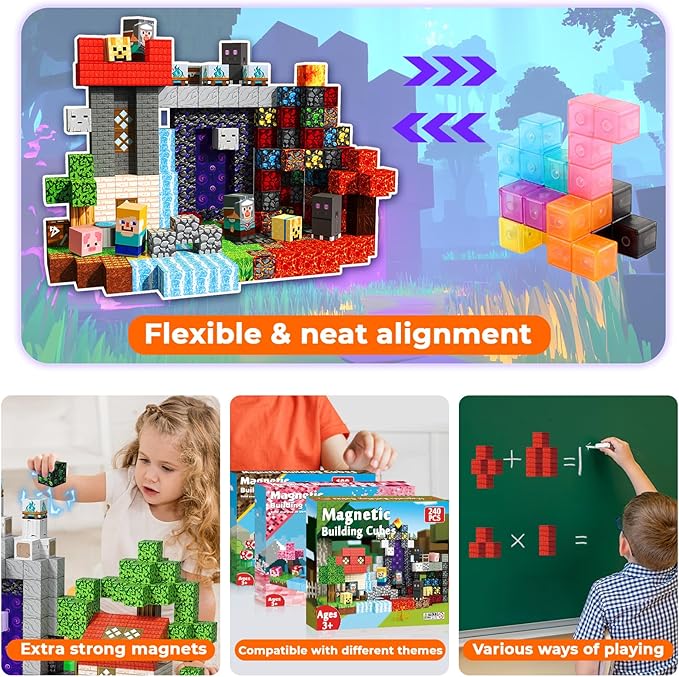 240 PCS Magnetic Blocks - Magnetic Building Block, Stacking Magnet Building Cubes for Kids, Magnetic Construction Toy for Boy Girl, STEM Montessori Sensory Toy Ages 3-12 Years Old Easter Birthday Gift