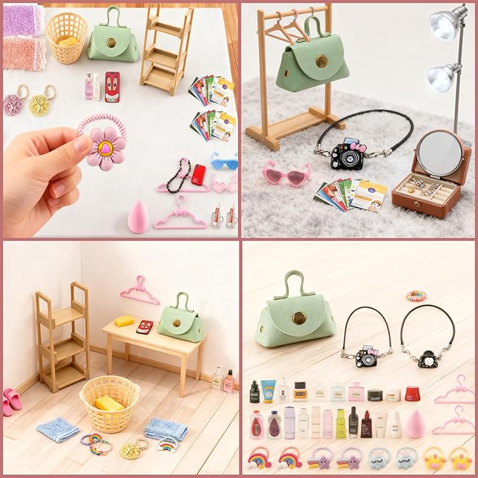 93 PCS Miniature Dollhouse Accessories Dollhouse Bathroom and Makeup Set with Towel Toothbrush Shampoo Toiletries Mini Perfume Shoes Backpack for Girl Micro Scene
