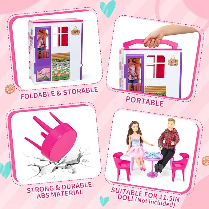 Style Shine Doll House Portable & Foldable Dollhouse w/ 60+ Pcs & 2 Dolls, Play House Toy with Bedroom Kitchen Pet House Camping Playset, Playhouse Birthday Gift for Girl Kid Toddler