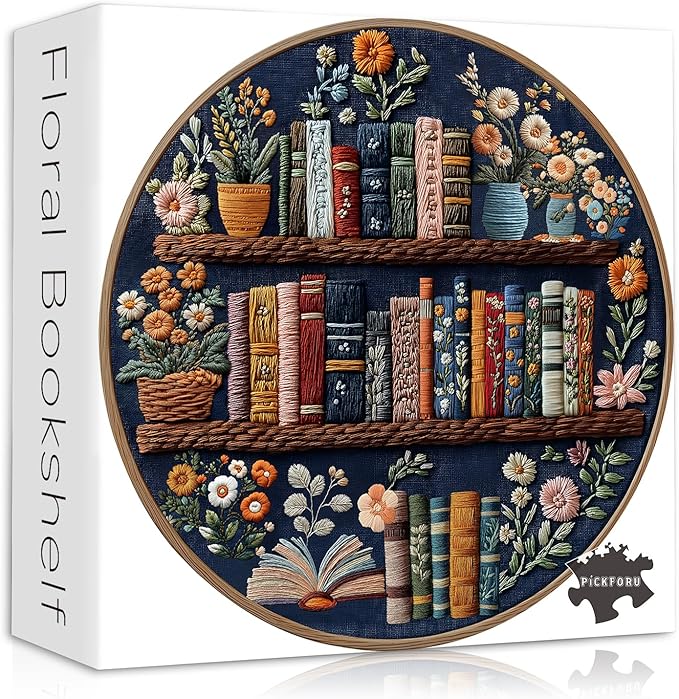 PICKFORU Blooming Bookshelf Puzzles for Adults 1000 Pieces, Round Book Flower Puzzle Library, Wildflower Pages Jigsaw Puzzles, Circle Vintage Floral Plant Embroidery Aesthetic Challenging