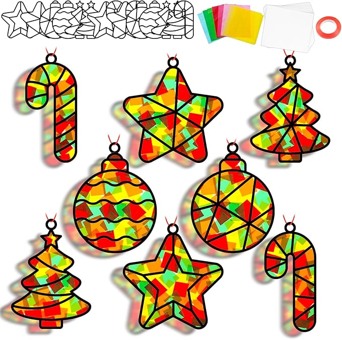 QOUBAI 32 Sets Christmas Theme Suncatchers Craft Kit DIY Window Stained Glass Effect Christmas Theme Paper Crafts Home School Classroom Decoration Kid Birthday Gift Creative Art Project Activity Game