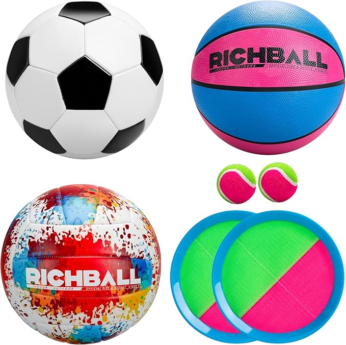 Richball 4-in-1 Outdoor Sports Ball Set for Kids – Soccer, Basketball, Volleyball and Toss & Catch Paddle Ball Game – All-in-One Gift Stocking Stuffers for Kids Boys & Girls Ages 3+