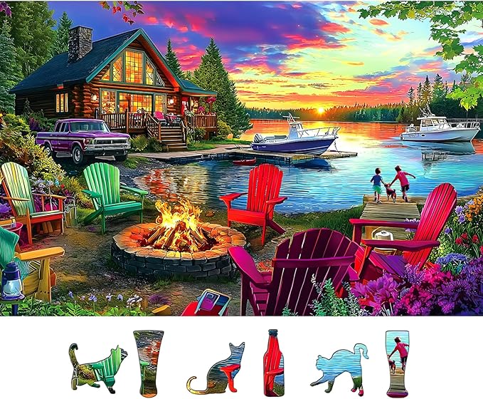 Lakeside Cabin Sunset 500 Piece Jigsaw Puzzle for Adults, Seniors & Family - Summer Relaxing Puzzle with Chairs, Boats & Bonfire Pit - Scenic Forest Lake View Puzzle Art 23x15 Inch