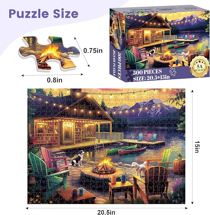 500 Pieces Dog Puzzles for Adults, Evening Bonfire Puzzle for Adults Seniors, Retro Style Puzzle 500 Pieces, Gift for Birthday, Home Decor, Fun for Family Entertainment(20.5 * 15 in)