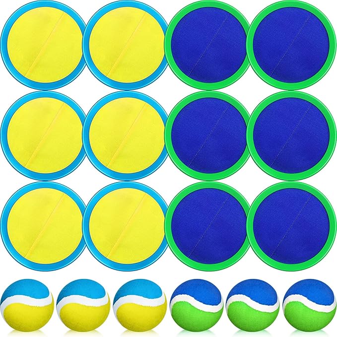 Charniol Kids Toys Toss and Catch Game Set Beach Game Outdoor Ball Sports Games Toss and Catch Ball Nylon Toys for Kids Adults (Blue Yellow,Blue Green,12 Paddles 6 Balls)
