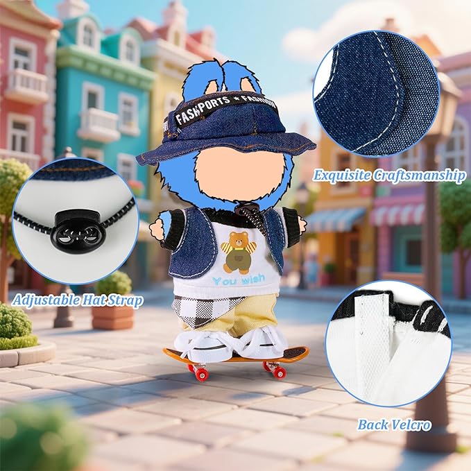 Doll Clothes for 17cm Labubu,Cool Causal Outfit Accessories Clothing for 17cm/6.7inch Doll-Jean Bucket Hat+T-Shirts+Cowboy Vest+Khaki Pants+Canvas+Waist Scarf (White)