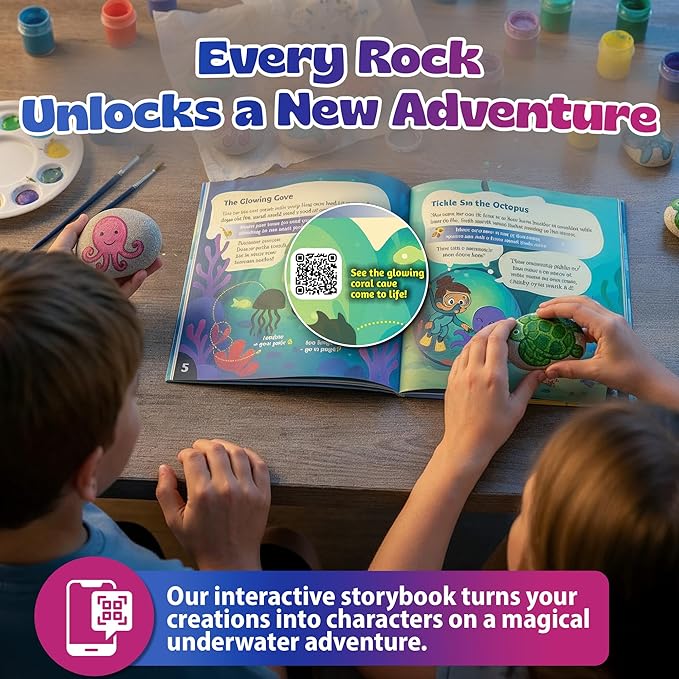 Pinwheel Crafts Rock Painting Kit for Kids Ages 6-12 –14 Rocks, 16 Acrylic Paints (Glow & Metallic), 2 Glitter Glues, Brushes, Stickers, Gems & Googly Eyes – Fun Kids Craft Kits for Boys & Girls