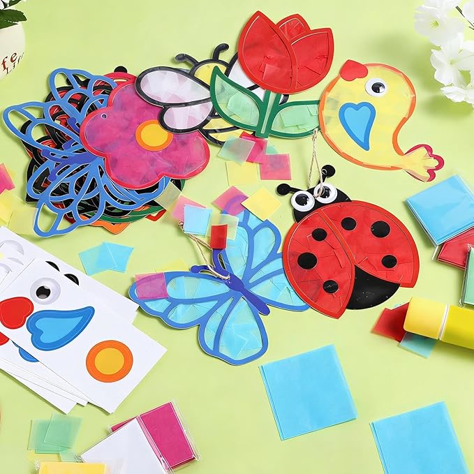 24 Sets Spring Crafts Kit DIY Flower Paper Crafts with Colored Tissue Paper Stickers Floral Bee Insect Butterfly Ornaments Suncatcher for Window Classroom Activity Project Party Gifts Home