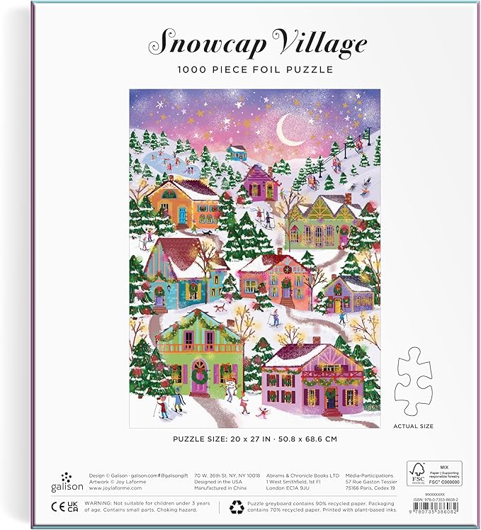 Galison Snowcap Village – 1000 Piece Foil Joy Laforme Jigsaw Puzzle Featuring Beautiful Artwork of Snowcapped Village During Christmas