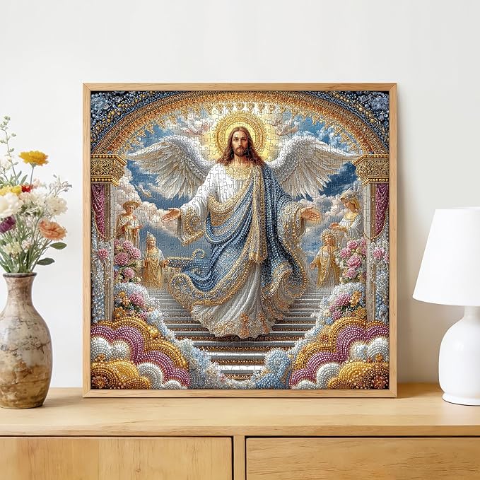 Divine Angel Jesus 1000 Piece Jigsaw Puzzle for Adults - Inspirational Christian Scene with Wings & Flowers, Poster & Lettered Back, 22.8" Square HD Quality, Unique Gift for Believers