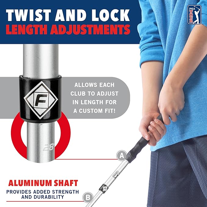 Franklin Sports PGA Tour Kids' Plastic Golf Clubs Set - Youth Toy Plastic Clubs + Bag - Kids' Golf Set with Bag + Balls - Adjustable Length for Boys + Girls - Red + Blue