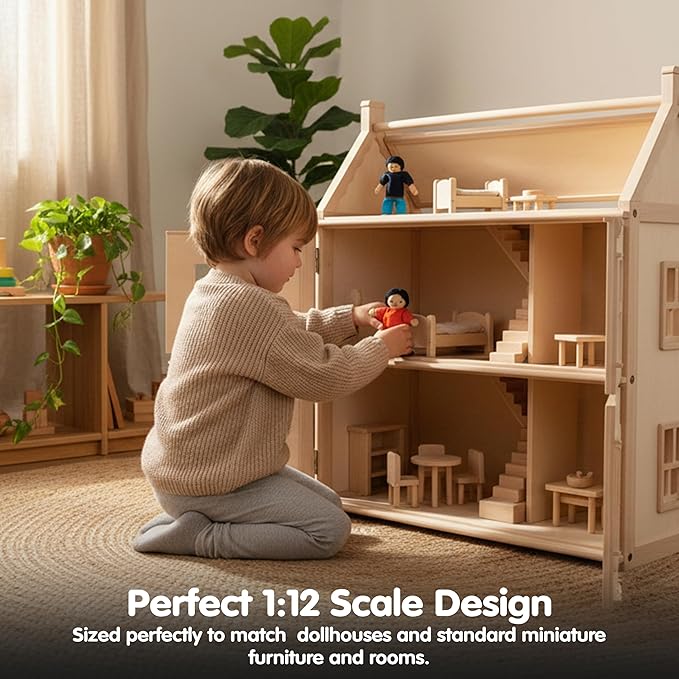 PlanToys® Family Wooden Dollhouse Figurine Set | 4 Poseable 1:12 Scale Mini Dolls (Parents & Kids) | Dollhouse Accessories for Pretend Play | Eco-Friendly Montessori Toy for Kids Ages 3+