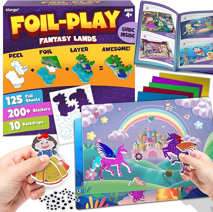 Foil Creative Art Kit for Kids, Fun Craft Set with Triple-Layer 3D Stickers & Foil Sheets – Creative Arts & Crafts for Birthday Party, Girls, Boys DIY Activity, Travel Toys, Gifts for Ages 4 5 6 7 8 9