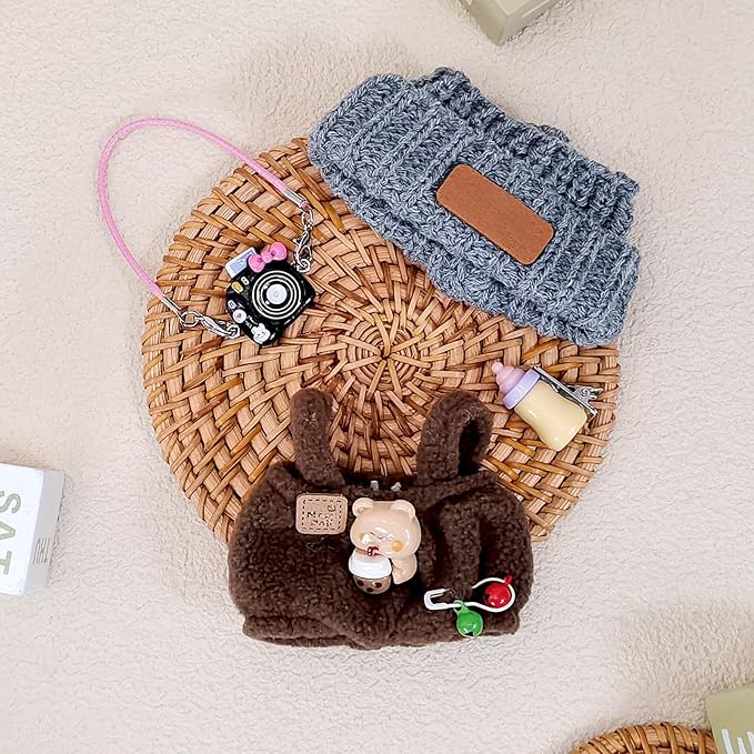Doll Clothes for 17cm Dolls, Soft Knit Hat, Cozy Overalls, Camera, Bottle & Cute Accessories (No Doll) (Brown)