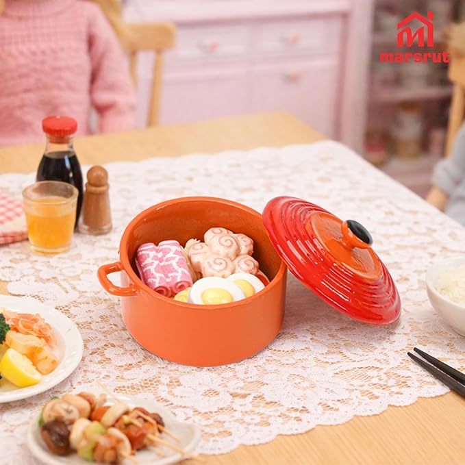 Miniature Cooking Pot & Food Set, 1/6 Dollhouse Cookware Pots & 10 Random Hot Pot Food Items, Kitchen Accessory Utensils, Minature Dutch Oven Stock for House Scene Model Decoration Accessories