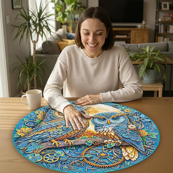 1000 Piece Round Jigsaw Puzzle for Adults - Steampunk Owl Family, 26.8" Diameter – Stress Relief & Cognitive Challenge, Ideal Mindfulness Gift for Family Game Night, Artistic Wall Decor