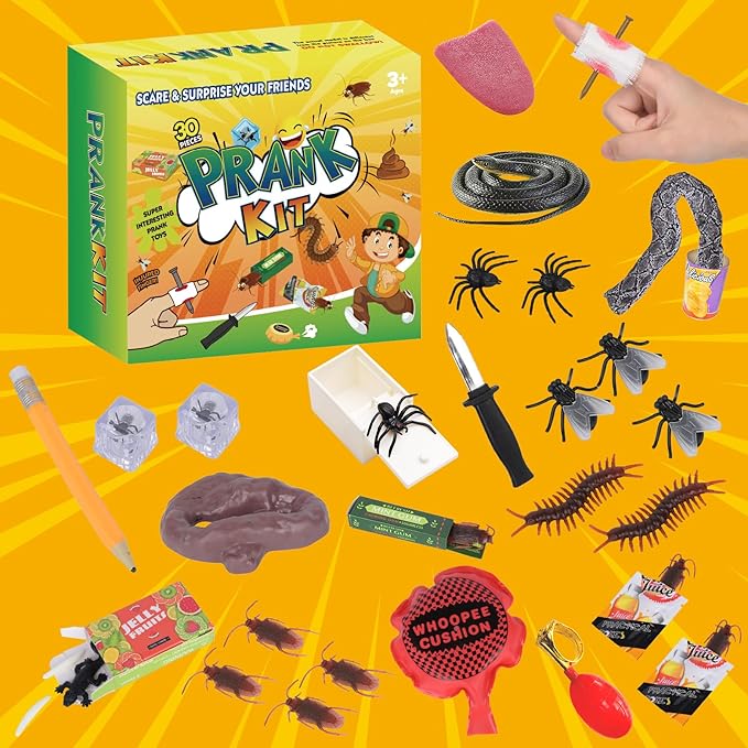 Prank Kit Funny Gag Gifts, Joke Box Ultimate Gift Set, Practical Jokes Perfect Party Favors 30 PCS Pranks for Kids Adults, April Fools Jokes Toys