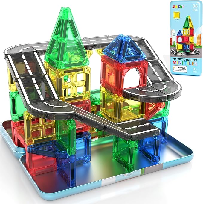 Mini Magnetic Tiles Road with Case Toddler Travel Toys Trip Essentials Set, Magnetic Building Blocks Toys for 3 4 5+ Year Old Boys Girls Montessori Sensory Learning Easter Birthday Gifts