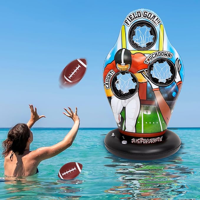 Inflatable Pool Toss Games, Football Target Toss Game with Mini Footballs for Kids Throwing Training Games for Yard Outdoor Indoor Beach Family Party Birthday Gift