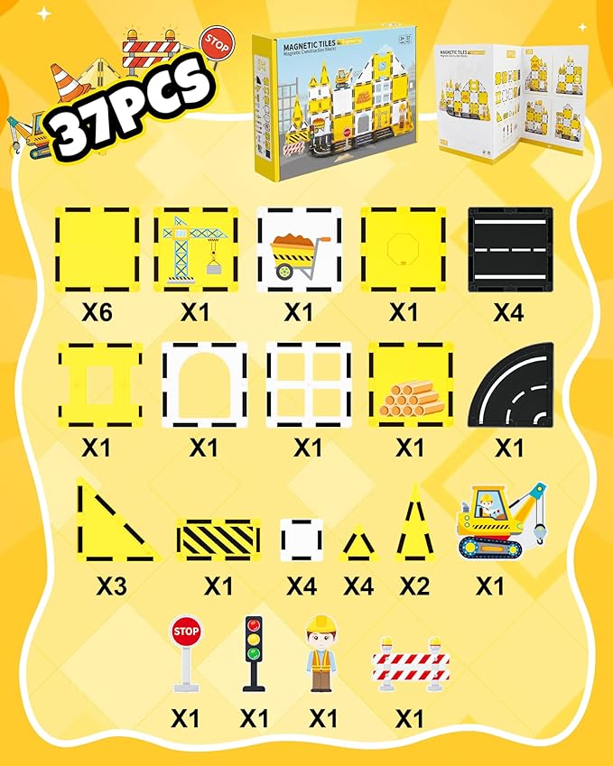 Magnetic Tiles for Kids, Construction Magnetic Building Blocks,37pcs STEM Educational Magnet Toys, Ideal Gift for Boys & Girls for Christmas & Birthday