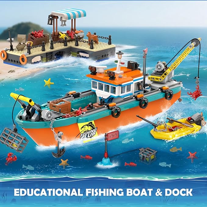 City Fishing Boat Wharf Building Set - Floatable Sea Fishing Ship Building Block Kit with Speedboat Crane Containers Exploration Boats Toy Birthday Gift for Kids Boys Girls 6 7 8 9 10+, 762PCS