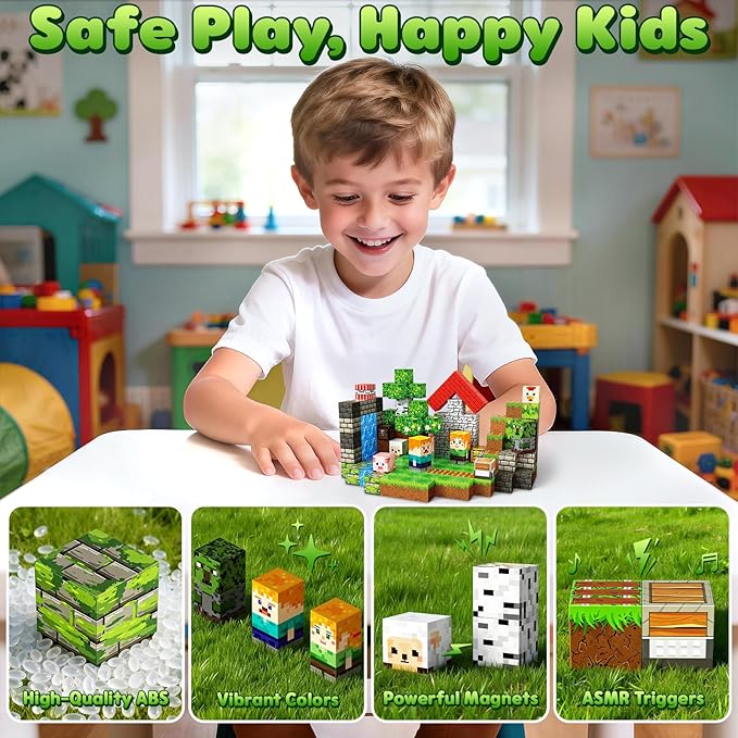 Magnetic Blocks, 150PCS Magnetic Building Blocks, Stacking Magnets for Kids, Sensory Toy for STEM Constructions Magnet Blocks for Boys Girls Age 3+, Christmas Birthday Gifts, Green Villager Forest