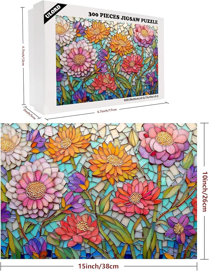 Great Jigsaw Puzzles for Adults 300 Pieces Stained Glass Mosaic Art Flowers Puzzles for Adults Toys Gift Family Decoration Kids Puzzle