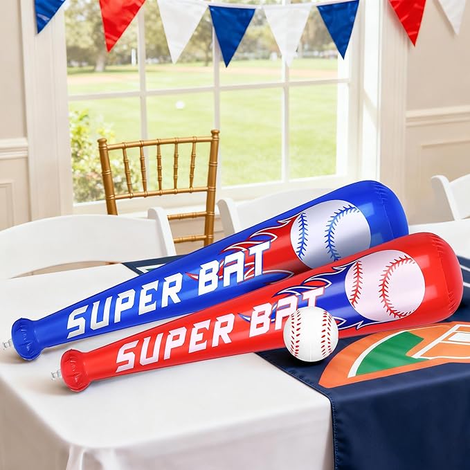Fovths 8 Sets Inflatable Baseball Bats and Baseballs Set 22 Inch Inflate Baseballs with Mini Foam Sports Stress Ball for Sports Theme Birthday Party Favors