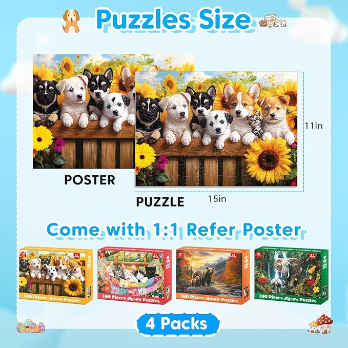 4-Pack 100 Piece Puzzles Dogs Cats Bears Elephants Puzzle for Kids Ages 4-8 8-10, 100 Piece Jigsaw Puzzle for Adults Seniors Children Learning Educational Puzzles Toys Birthday Gifts for Girls Boys