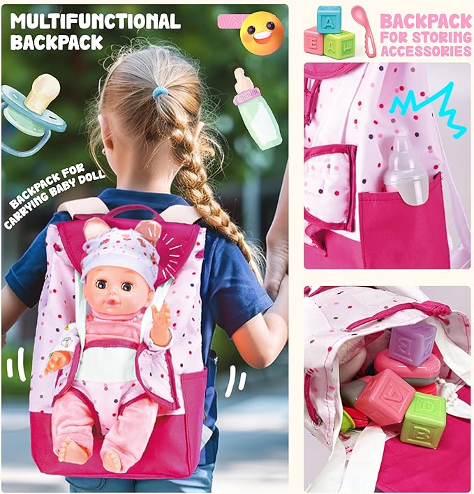 Toy Choi's Baby Doll with Baby Backpack Care PlaySet, 14'' Dolls with Accessories Includes Feeding Set, Pretend Play Toddler Toys for 3 4 5+ Years Old Girls Kids