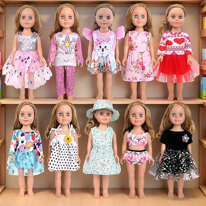 MSYO 10 Sets Doll Clothes for 17 - 18 Inch Dolls, Diverse Outfits (Floral, Polka Dot, Unicorn) & Accessories, Fashion Dress - Up Set for Girl Doll Play & Gifting (Best Gift for Kids)