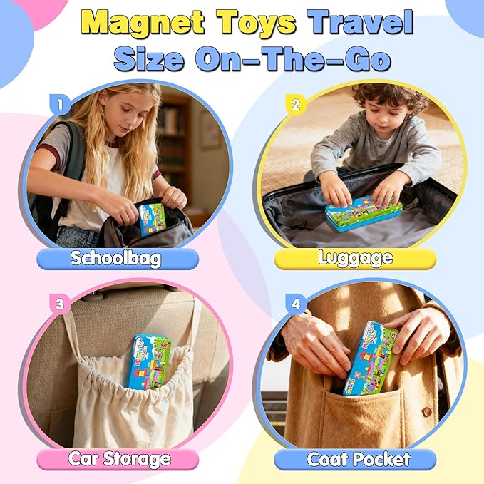 Mini Magnetic Blocks, Travel Outdoor Toys for Kids Ages 3-5 4-8, Magnet Cubes with Iron Box, STEM Montessori Sensory Building Toys, Ideal Gifts for Toddlers Boys Girls Birthday